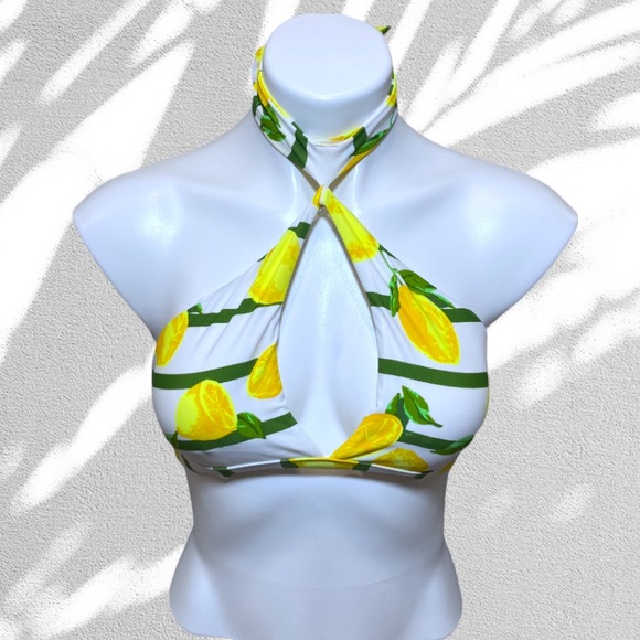 aerie High Neck Striped Lemon Print Swimsuit Top - Picture 2 of 7